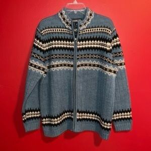 Lands End  Fair Isle Nordic quarter-zip sweater in blue and black 100% cotton.